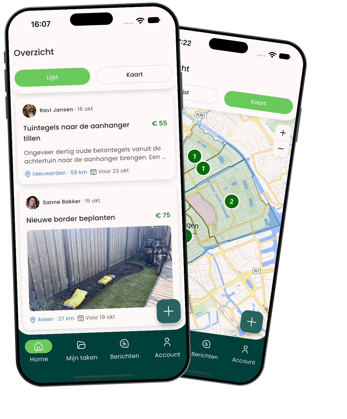 De kaart en het takenoverzicht in de Beuntjes-app